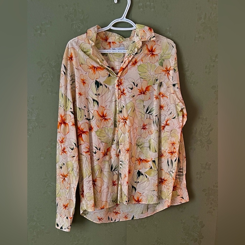 Zara Women's Floral Button Down Shirt - Cream and Orange